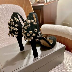 BCBG suede heels with hanging crystal. Size 6